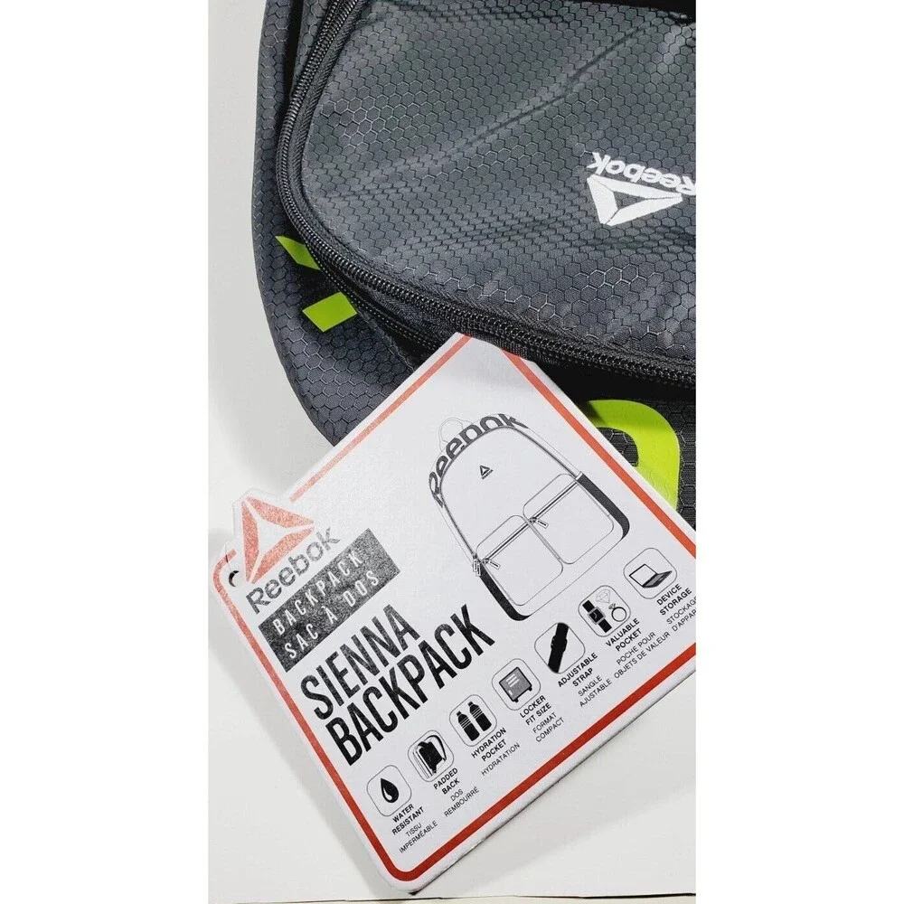 Reebok Sienna Lightweight Backpack Water-Resistant Black/Bright Green Unisex NWT